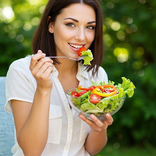 O tânără savurează o salată vibrantă, plină de legume proaspete, într-o zi însorită de primăvară. Descoperă cum nutriția de sezon te ajută să-ți recapeți vitalitatea și să te bucuri de zile pline de energie.